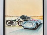 painting of two cars and a motorcycle on a road with an old car in the background