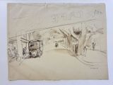 drawing of a drawing of a street scene with a car and people