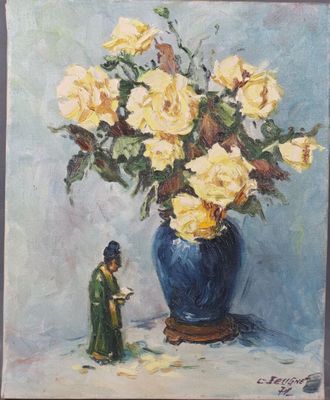painting of yellow roses in a blue vase with a small figurine