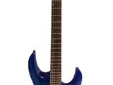 a close up of a blue electric guitar on a white background