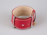 leather watch band with silver buckle and red stitching