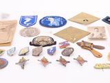a lot of pins and brooches on a white surface