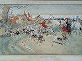painting of a large group of people riding horses and dogs