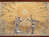 tableau représentant deux personnes dansant, les mains levées, devant un soleil