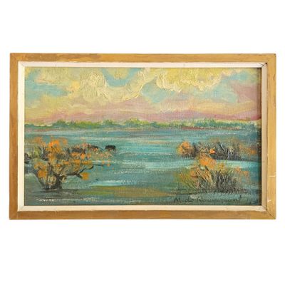 une peinture à l'huile représentant un paysage avec un lac au premier plan