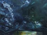 an oil painting of a fish in the water with bubbles coming out of it