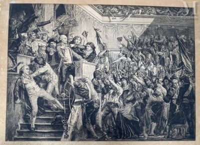 an old drawing of a crowd of people standing in front of a stage