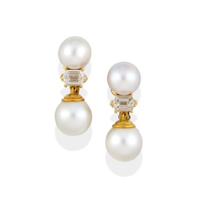 a pair of cultured pearl and diamond earrings