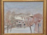 un tableau représentant une maison sous la neige, avec des arbres au premier plan