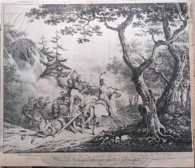 an old picture of a group of men on horseback in a wooded area