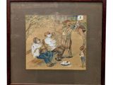 tableau représentant un homme et une femme assis sur un banc avec un enfant