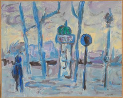 tableau représentant un tableau où l'on voit des gens marcher sous la pluie avec des parapluies