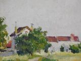 an oil painting of a house and trees in a field