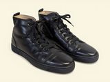 black leather high top sneakers with laces and rubber soles