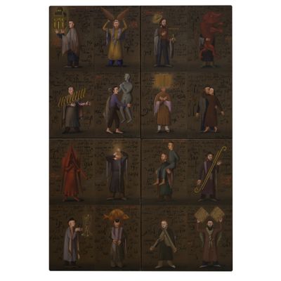 quatre panneaux d'un tableau représentant un homme avec une croix et d'autres personnages