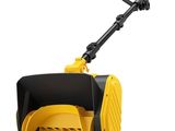 a yellow and black snow blower sitting on top of a white surface