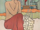 a painting of a woman sitting on the beach with a bag