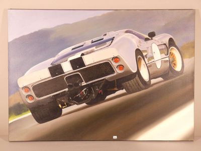 a picture of a painting of a race car on the wall