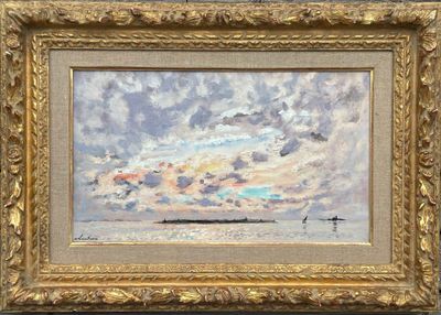 a painting of a sailboat on the water under a cloudy sky