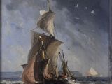 an oil painting of a sailboat in rough water with birds flying overhead