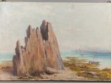 une peinture à l'huile représentant une formation rocheuse sur une plage, avec un bateau au loin