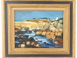 a painting of a rocky coast with a house in the distance