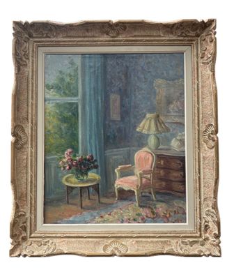 an image of a painting of a woman sitting in a chair in a room