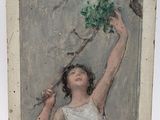 painting of a woman in a white dress holding a bunch of flowers