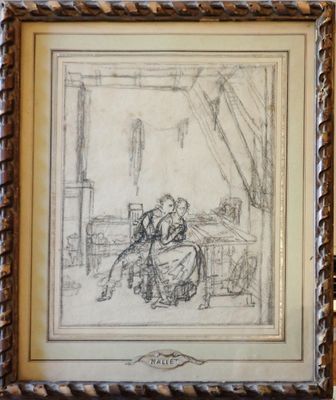un vieux dessin représentant une femme assise sur une chaise devant une fenêtre