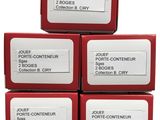 four red boxes with white labels on them stacked on top of each other