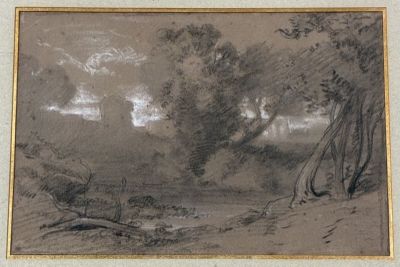dessin d'un paysage avec des arbres et une rivière au premier plan