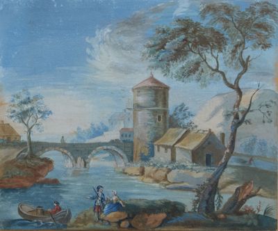 an image of a painting of a river scene with a man and a woman in a boat