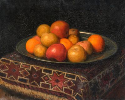 a painting of a bowl of oranges and apples on a table