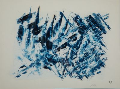 blue and white abstract painting on white paper with a black border