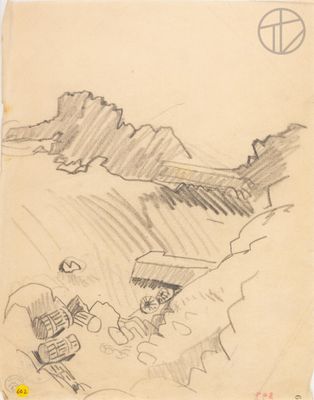 pencil drawing of two children playing in a field with a mountain in the background