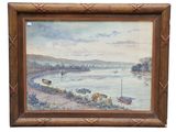an oil painting of boats on the water in a wooden frame