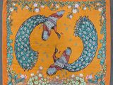 une image représentant deux oiseaux sur un fond jaune, avec des fleurs et des feuilles