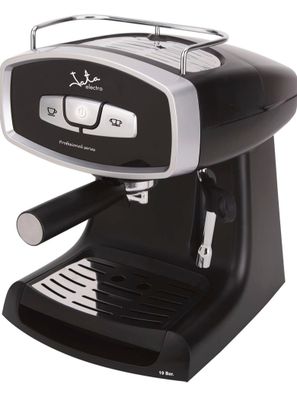 an image of a black and silver coffee machine on a white background