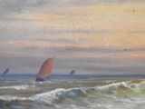 a painting of sailboats in the ocean on a cloudy day