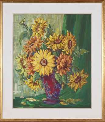 peinture représentant des tournesols dans un vase sur fond vert