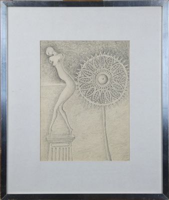 un dessin représentant une femme debout au sommet d'un poteau, à côté d'une fleur