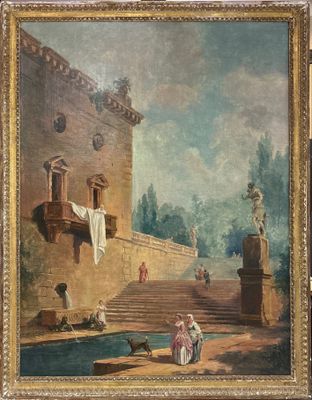 an image of a painting of a man and a woman sitting on the steps of a building
