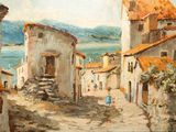 painting of a village street with a woman walking down the street