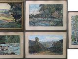 quatre tableaux encadrés représentant des arbres et un ruisseau dans une forêt