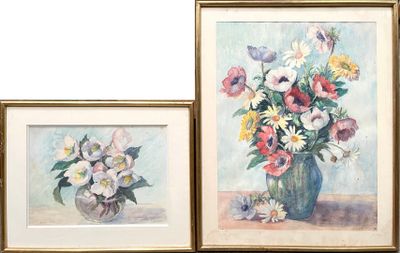 two framed paintings of flowers in a vase on a table