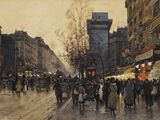 une peinture de personnes marchant dans la rue sous la pluie