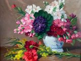 a painting of flowers in a vase on a table