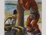 painting of a man and a woman leaning against a tree
