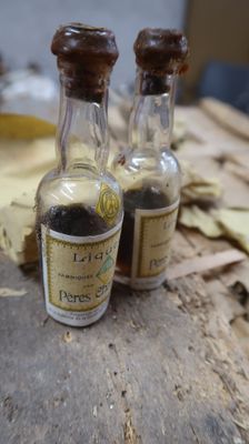 deux petites bouteilles de liquide posées sur une table en bois