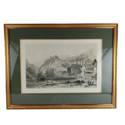 un vieux dessin représentant un paysage de montagne avec un bateau au premier plan